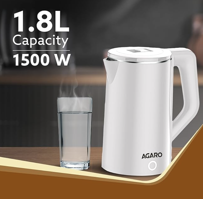 AGARO Elegant Electric Kettle, 1.8L, Double Layered Kettle, Stainless Steel Inner Body, Quick Boil, Water Boiler, Hot Water Kettle, For Making Black Tea & Black Coffee, Auto Shut Off, White