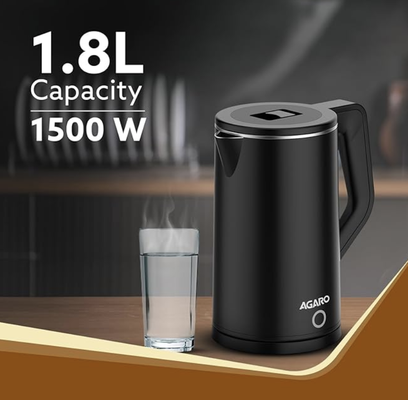 AGARO Elegant Electric Kettle, 1.8L, Double Layered Kettle, Stainless Steel Inner Body, Quick Boil, Water Boiler, Hot Water Kettle, For Making Black Tea & Black Coffee, Auto Shut Off, Black