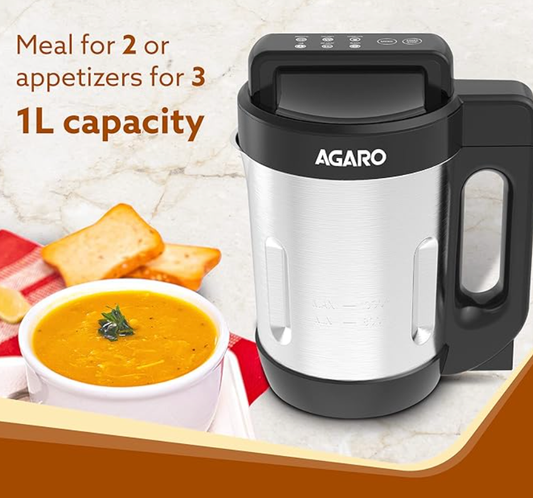 AGARO Elite Soup Maker, 1 Litre, Automatic Blending & Heating,6 Preset Cooking Functions, Copper Motor, Stainless Steel Blades, Grey