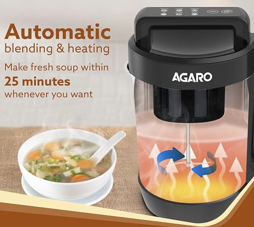 AGARO Elite Soup Maker, 1 Litre, Automatic Blending & Heating,6 Preset Cooking Functions, Copper Motor, Stainless Steel Blades, Grey