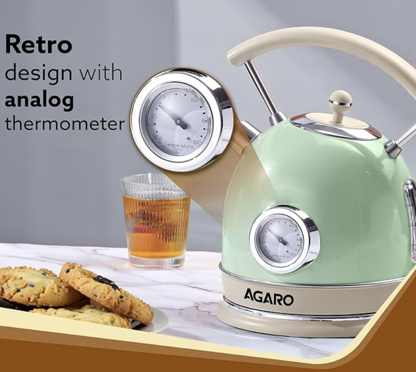 AGARO Regency Vintage Kettle 1.8L with Temperature Gauge, Hot Water Boiler & Tea Heater with Curved Handle, Visible Water Level Line, Led Light, Auto Shut-Off&Boil-Dry Protection,Green