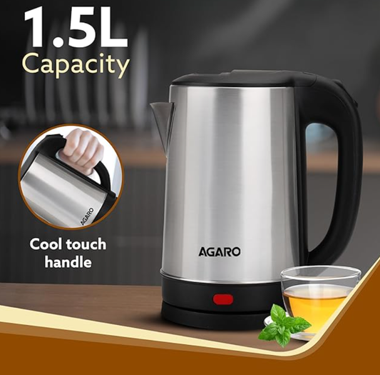 AGARO Sonnet Electric Kettle, 1.5L, 1500W, Stainless Steel Body, Quick Boil, Water Boiler, Hot Water Kettle , For Making Black Tea & Black Coffee, Instant Noodles, Auto Shut Off, Cool Touch Handle