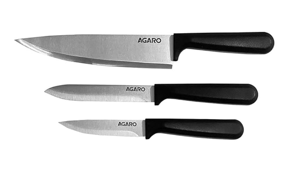 AGARO मैजेस्टिक 3 पीस किचन चाकू सेट, हाई कार्बन स्टेनलेस स्टील, नॉन स्लिप पीपी हैंडल, कुकिंग, कटिंग, स्लाइसिंग प्रोफेशनल शेफ चाकू सेट, यूटिलिटी चाकू, पैरिंग चाकू, सिल्वर।