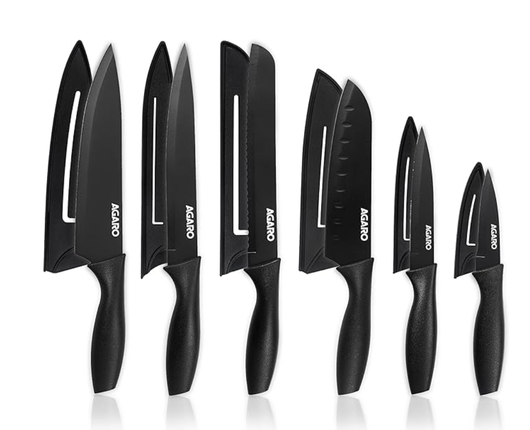 AGARO रॉयल 6 पीस किचन नाइफ सेट कवर के साथ, हाई कार्बन स्टेनलेस स्टील ब्लैक कोटेड शेफ, यूटिलिटी, सोंटुकु, ब्रेड और पैरिंग नाइफ (काला)