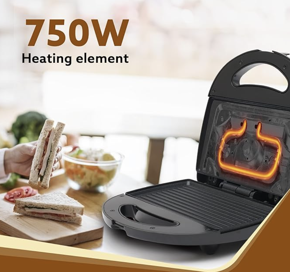 AGARO Delite Sandwich Maker, 750W, 4 Slice Non Stick Grill Plate, Power Indicator, Oil Free Toasting, Grilling, Black