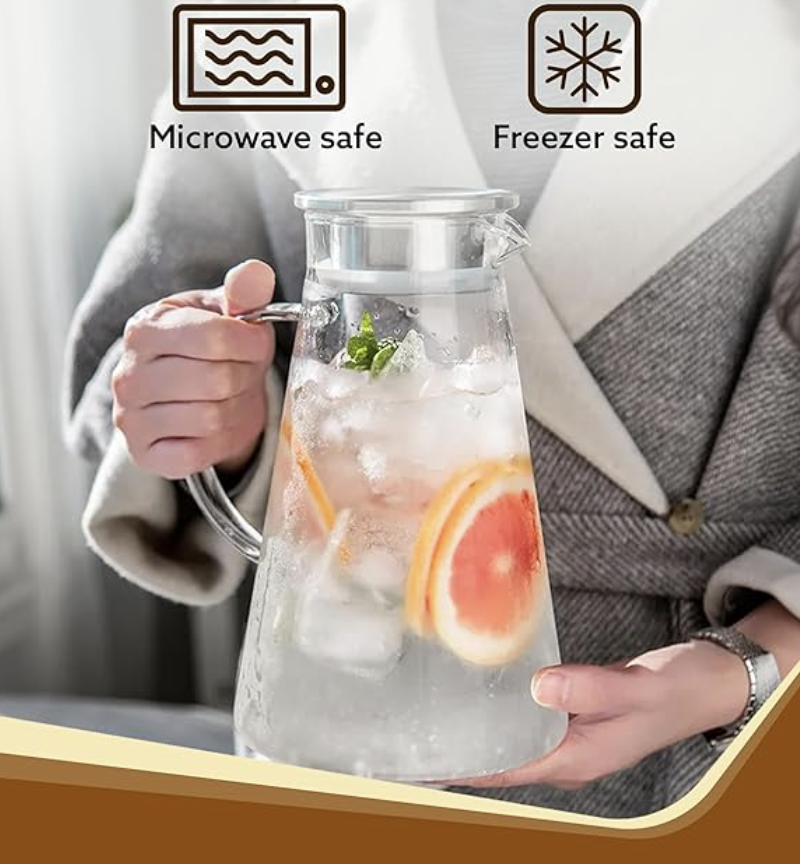 AGARO Elite Borosilicate Water Jug 1.8 Litre, Stainless Steel Air Tight Lid,Iced Tea Pitcher, Water Jug, Hot Cold Water, Milk and Juice Beverage Carafes