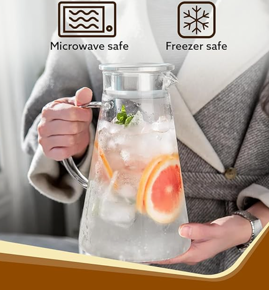 AGARO Elite Borosilicate Water Jug 1.8 Litre, Stainless Steel Air Tight Lid,Iced Tea Pitcher, Water Jug, Hot Cold Water, Milk and Juice Beverage Carafes