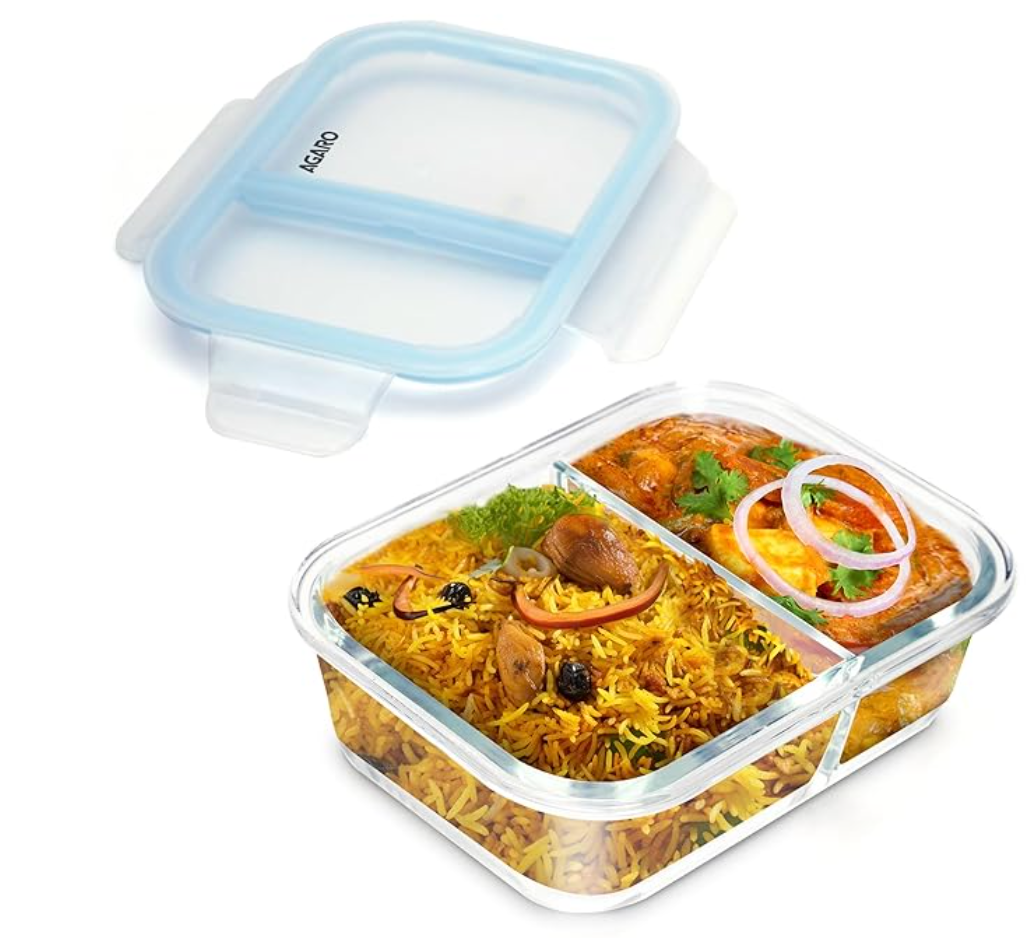 AGARO கம்பார்ட்மென்ட் மதிய உணவுப் பெட்டி/கொள்கலன் 600 மில்லி, ஆண்கள் மற்றும் பெண்களுக்கான அலுவலக டிபன் பெட்டி, போரோசிலிகேட் கண்ணாடி உடல், மைக்ரோவேவ் ஓவன் பாதுகாப்பானது, கசிவு இல்லாத பூட்டு மூடி, அலுவலகத்திற்கான காற்று புகாத டிபன், டிரான்ஸ்பரன்ட்