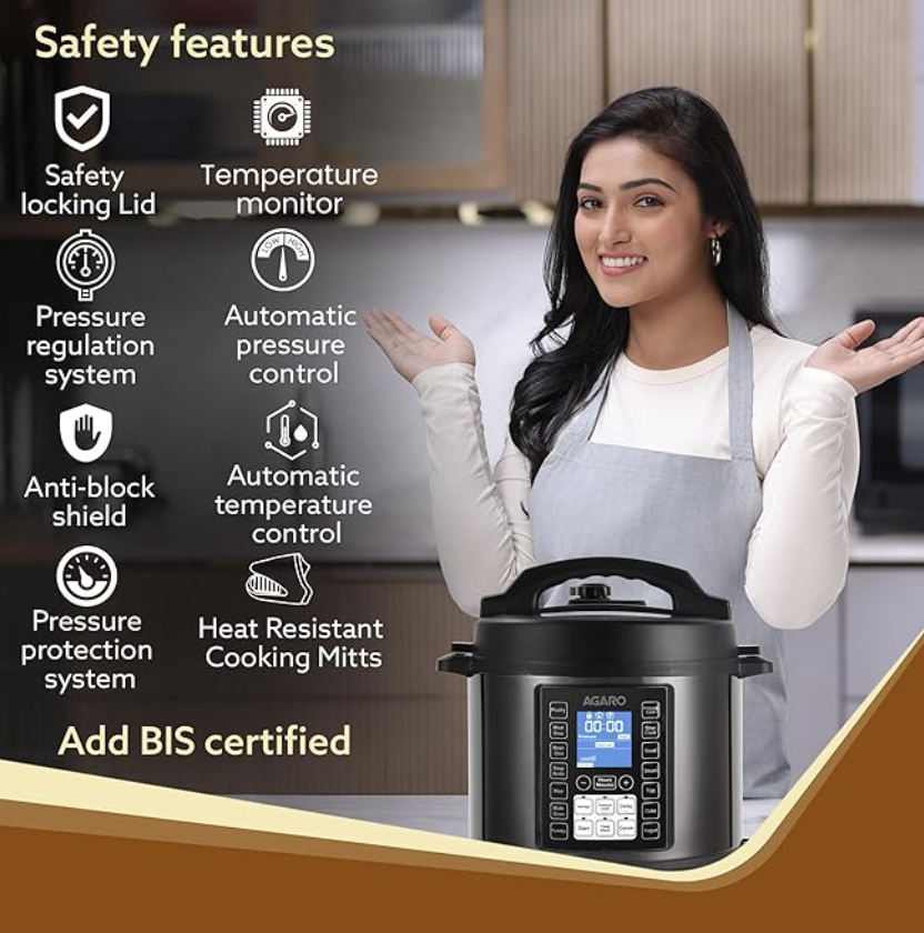 AGARO Imperial Electric Pressure Cooker, 6 litres, 1.5Kgs (approx. 10 cups) raw rice, 14 Pre-Set multi Cooking Functions, Adjustable Pressure, Timer, Stainless Steel Pot, Pressure Cook, Slow Cook