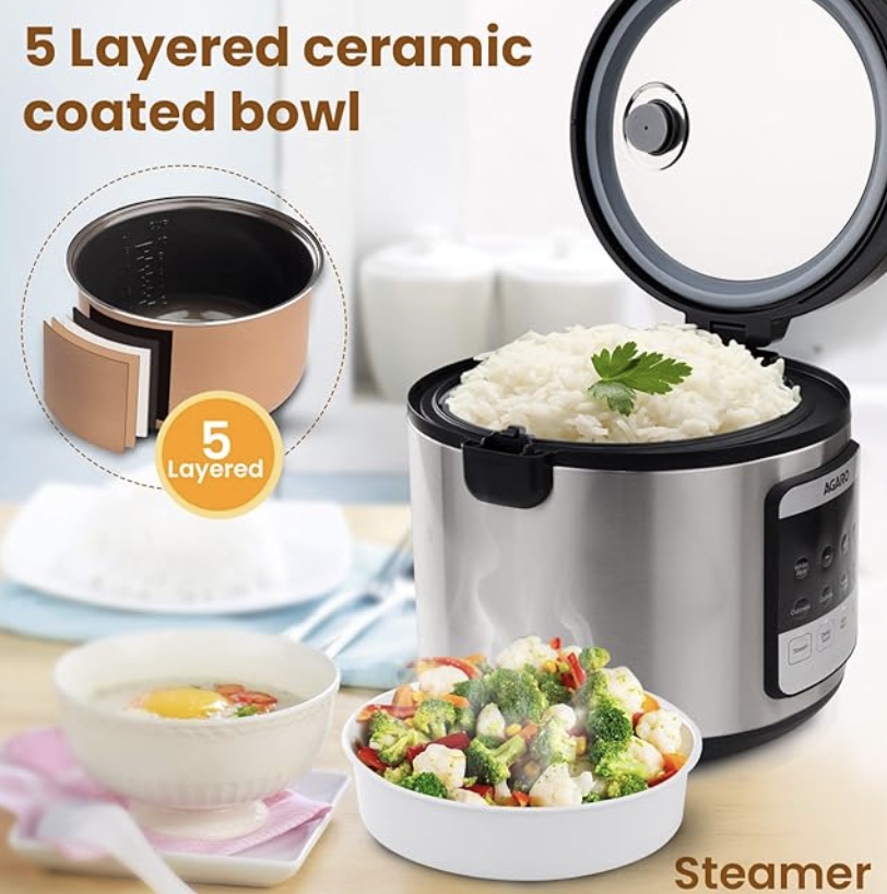 அகாரோ ராயல் எலக்ட்ரிக் ரைஸ் குக்கர், 5 லிட்டர் செராமிக் பூசப்பட்ட உள் பவுல், நீராவி கூடை, மேம்பட்ட ஃபஸி லாஜிக்குடன் கூடிய 6 முன்னமைக்கப்பட்ட சமையல் செயல்பாடு, வார்ம் செயல்பாட்டை வைத்திருங்கள், 1.5 கிலோ (தோராயமாக 10 கப்) பச்சை அரிசி, வெள்ளி
