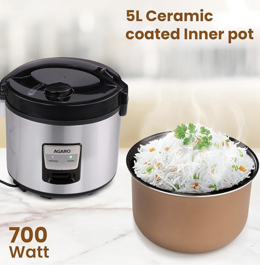 AGARO Regency Electric Rice Cooker, 5L Ceramic Coated Inner Bowl, Cooks up to 1.5Kgs (approx.10 cups) raw rice, 700 W, Easy Grip handle, Automatic Cooking, Keep Warm Function, Multipurpose Cooking