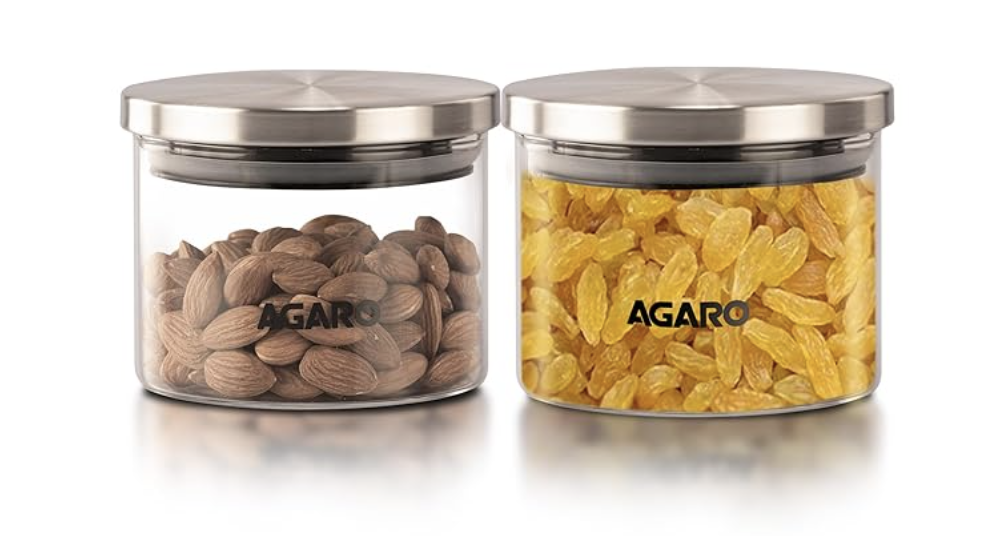 AGARO Elite Borosilicate Glass Jar 350 ml, Round Shaped, Steel Lid, Microwave, Oven & Freezer Safe, Storage Glass Container, Transparent, Kitchen Organiser, Multipurpose Jar, Pack of 2.