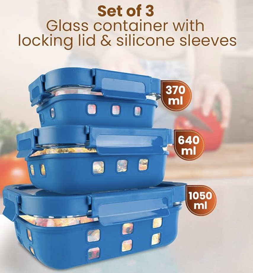 சிலிகான் ஸ்லீவ்ஸ் & லாக் மூடியுடன் கூடிய AGARO இம்பீரியல் போரோசிலிகேட் கண்ணாடி கொள்கலன்கள், 3 பிசிக்கள் செட், 370மிலி, 640மிலி, 1050மிலி, சமையலறை, மைக்ரோவேவ், ஓவன் மற்றும் ஃப்ரீசர் சேஃப், செவ்வக வடிவம், வெளிப்படையானது, நீலம்