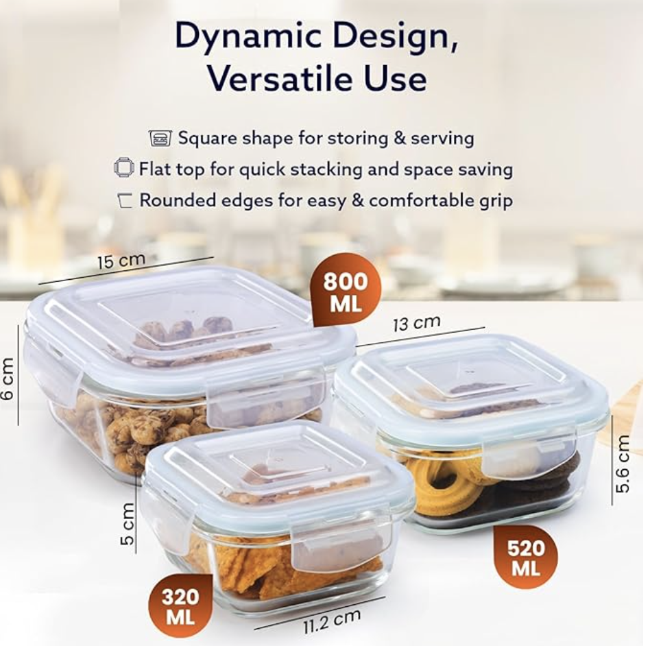 மூடிகளுடன் கூடிய AGARO போரோசிலிகேட் கண்ணாடி கொள்கலன், 3 பிசிக்கள் தொகுப்பு, 320மிலி, 520மிலி & 800மிலி, மைக்ரோவேவ், ஓவன் & ஃப்ரீசர் சேஃப், பேக்கிங் டிஷ், சதுரம், பேக்கிங் டிரே, கீறல் எதிர்ப்பு, வெளிப்படையானது