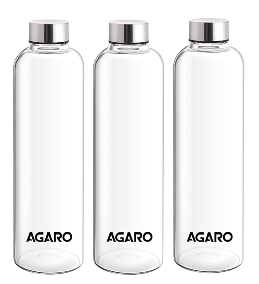 AGARO Elite Borosilicate Glass Water Bottles, Pack of 3, 1000ml Capacity Each, Microwave & Freezer Safe, Leak Proof & Airtight Lid, Scratch Resistant, Transparent.