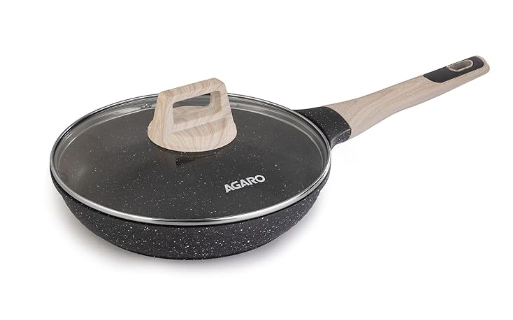 AGARO इम्पीरियल ग्रेनाइट नॉन-स्टिक फ्राईपैन ग्लास लिड के साथ, 1.6 लीटर / 24 सेमी, कास्ट एल्युमीनियम बॉडी, ऑमलेट एग पैन, फिश फ्राई पैन, गैस और इंडक्शन कम्पैटिबल, गहरा ग्रे