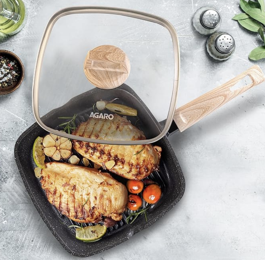 AGARO इंपीरियल ग्रेनाइट नॉन-स्टिक ग्रिल पैन ग्लास लिड के साथ, 1.8 लीटर/24 सेमी, कास्ट एल्युमीनियम बॉडी, गैस और इंडक्शन कम्पैटिबल, गहरा ग्रे