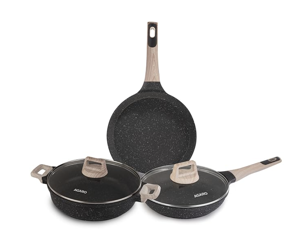 AGARO इम्पीरियल ग्रेनाइट नॉन-स्टिक कुकवेयर सेट, 3 पीस कुकवेयर सेट, 24cm फ्राइंग पैन ग्लास लिड के साथ, 28cm डोसा तवा, 28cm कढ़ाई ग्लास लिड के साथ, कास्ट एल्युमीनियम बॉडी, गैस और इंडक्शन कम्पैटिबल, गहरा ग्रे