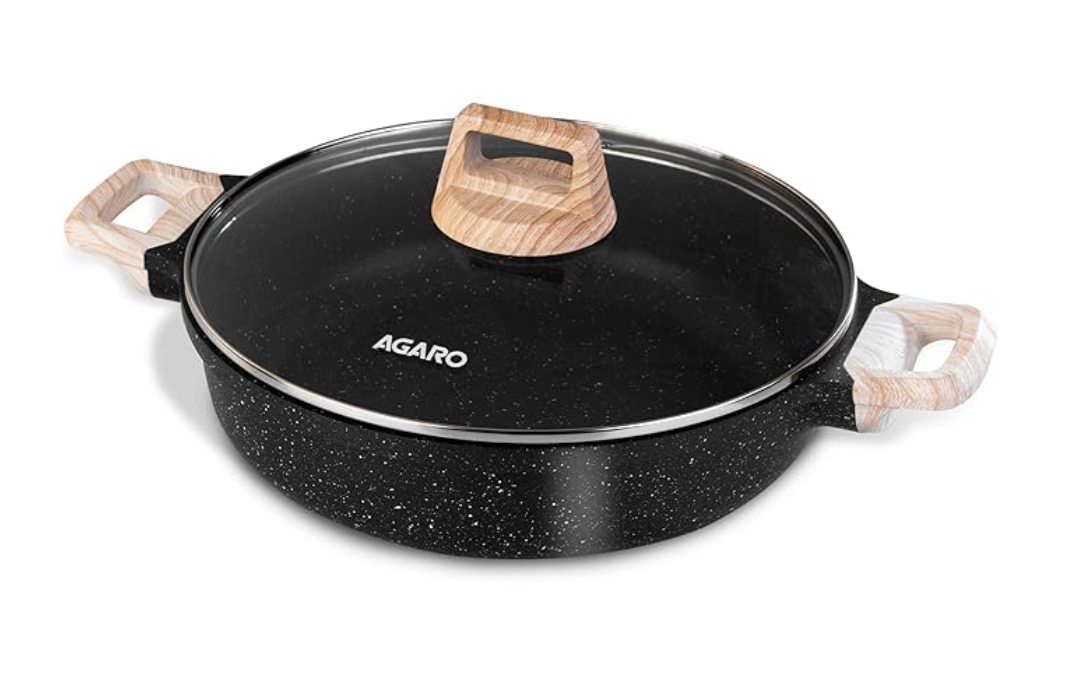 AGARO इम्पीरियल ग्रेनाइट नॉन स्टिक कड़ाही ग्लास ढक्कन के साथ, 2.8L / 24cm, कढ़ाई, डीप फ्राइंग पैन, बिरयानी पॉट, कास्ट एल्युमीनियम बॉडी, गैस और इंडक्शन कम्पैटिबल, गहरा ग्रे।