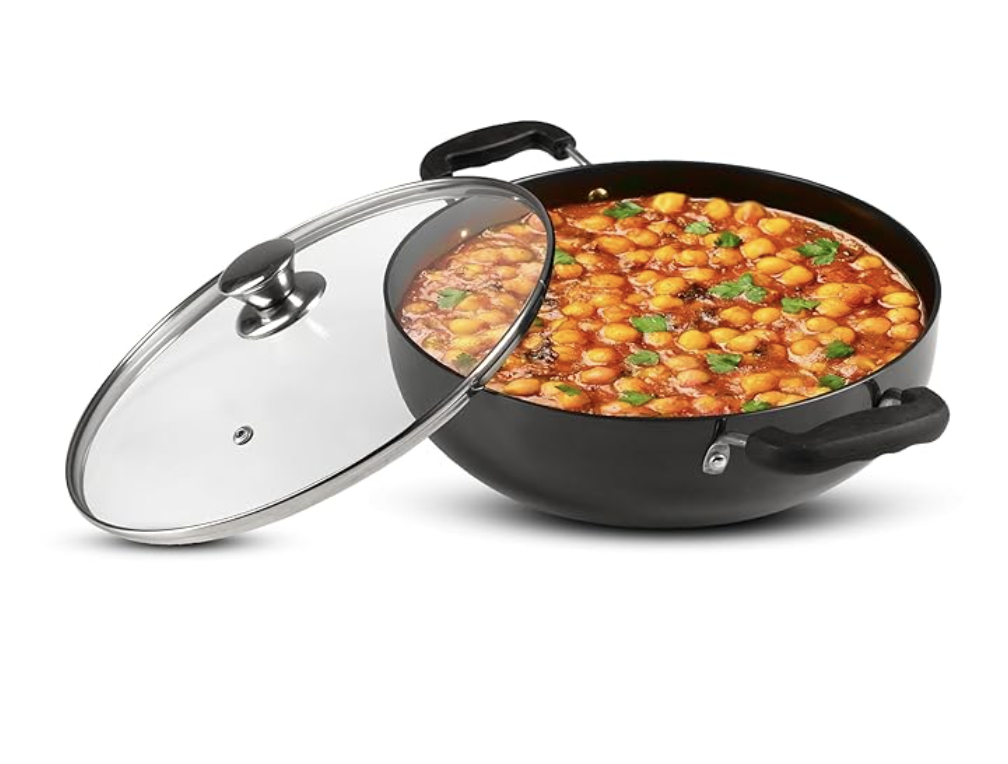 AGARO Elite हार्ड एनोडाइज्ड कढ़ाई ग्लास ढक्कन के साथ, 2.5 लीटर क्षमता, 24 cm व्यास, गैस ओवन के अनुकूल, रिवेटेड हैंडल, 3mm मोटी प्लेट, खाना पकाना, तलना, परोसना, काला