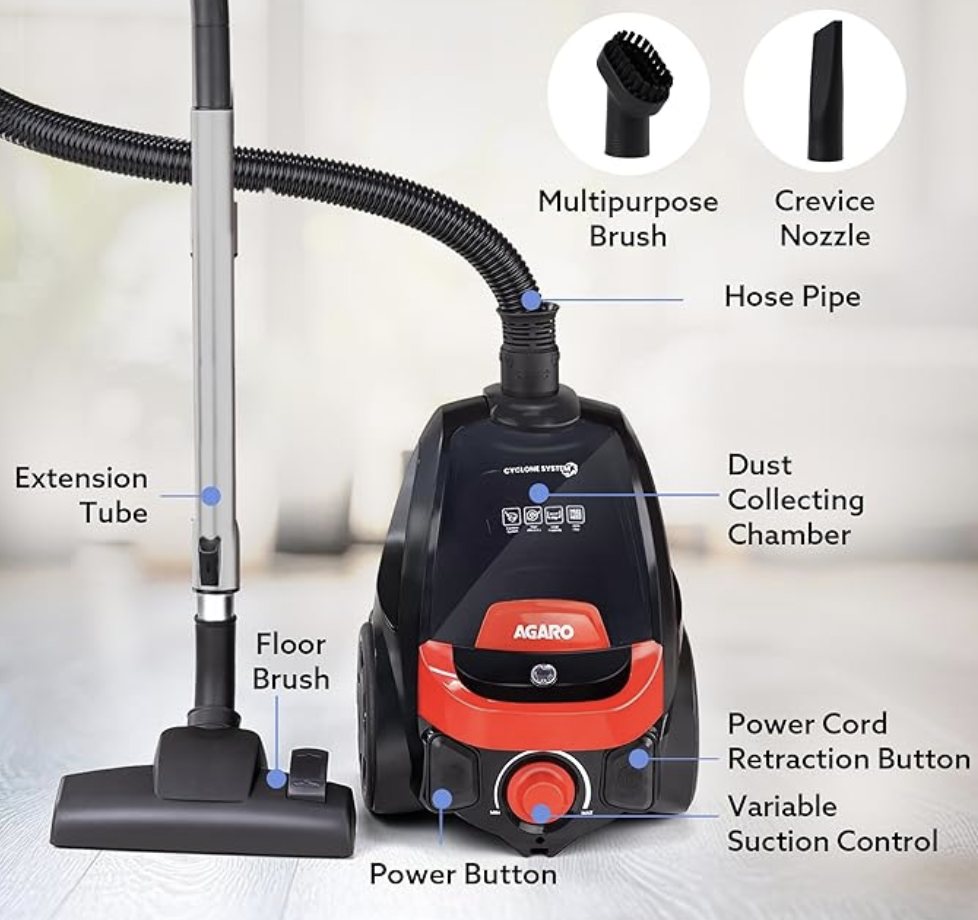 AGARO ICON 1600 Watts Bagless Dry Vacuum Cleaner for Home & Office, up to 24 kPa Variable Suction with Cyclonic Technology, 1.5L Bagless Bin, Multiple Accessories, Compact & Lightweight, Easy to Use