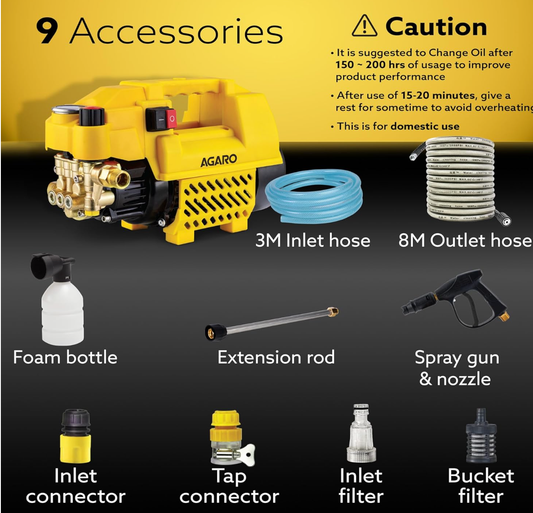 AGARO Supreme Plus Pressure Washer, 2200 Watts, 140 Bars, 7.5L/Min Flow Rate, 8 Meters Outlet Hose, for Car, Bike and Home Cleaning Purpose, 9 Accessories, Yellow