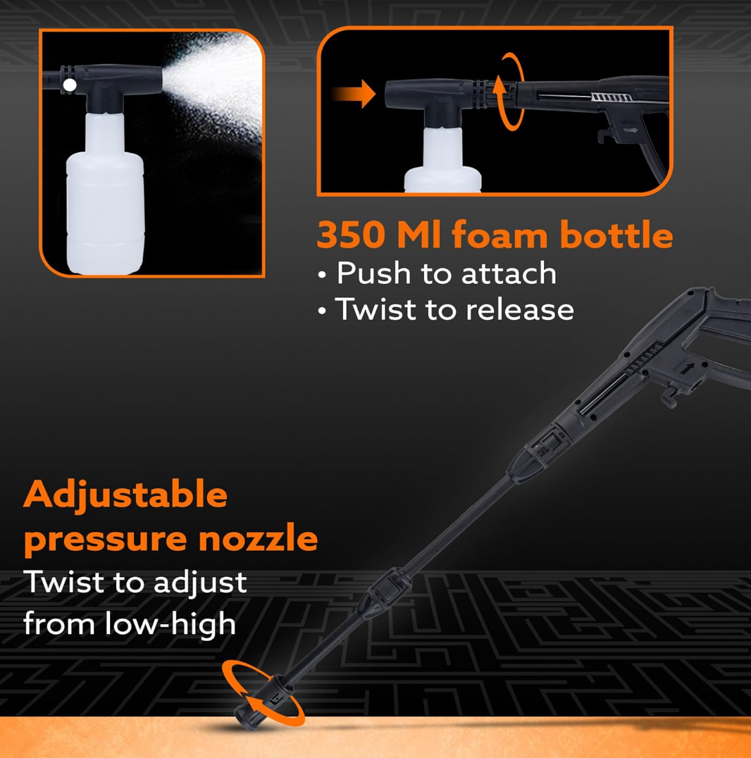 AGARO Alpha High Pressure Washer, Car Washer, Upright Design with Wheel, 1600W, 130 Bars, 7L/Min Flow Rate, 5 Meters Outlet Hose, Car, Bike and Home Cleaning Purpose, Red & Black