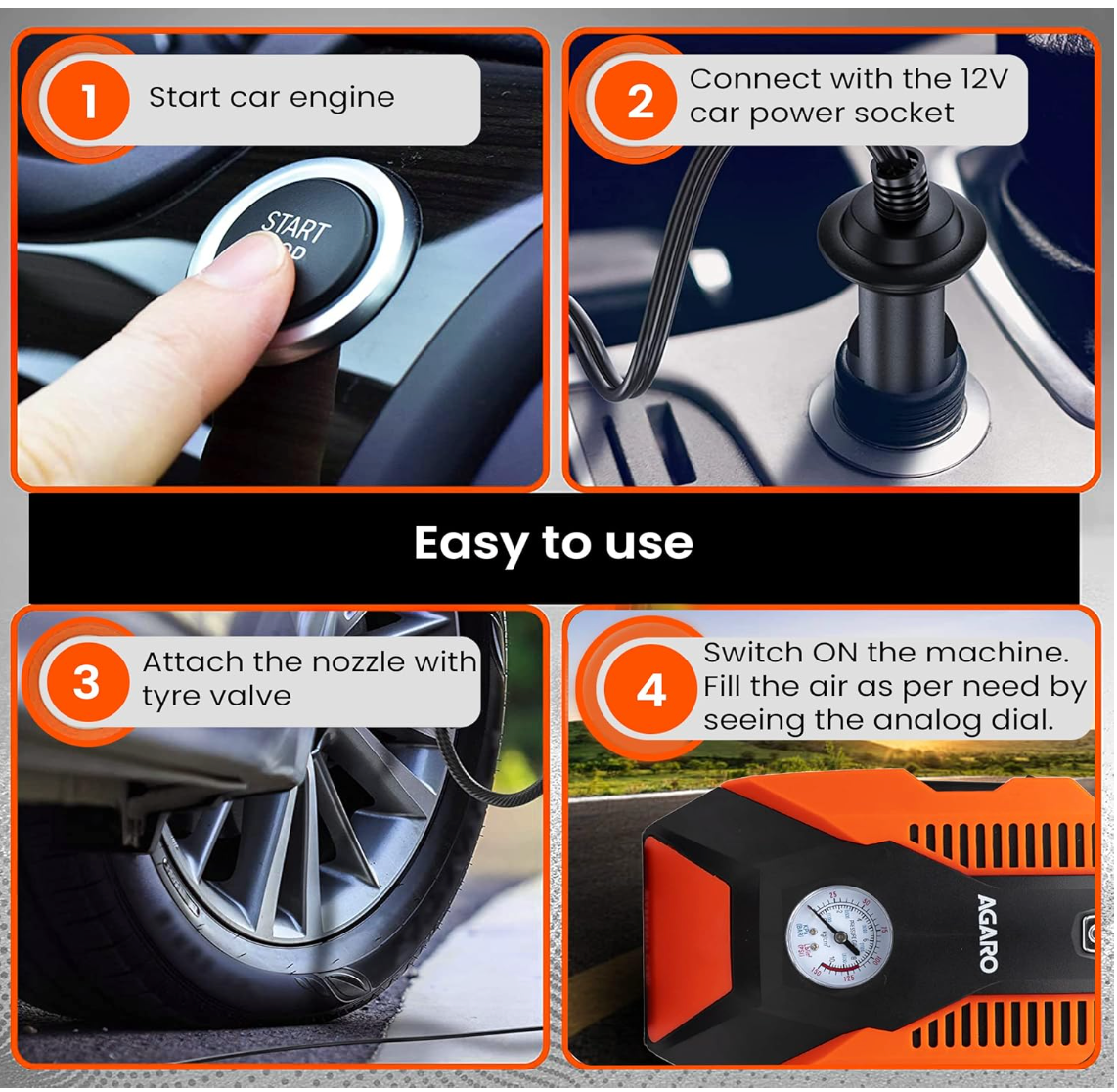 AGARO TI2147 Analog Tyre Inflator/Compressor Pump, Portable, 12V DC, up to 150 PSI, LED Light,Carry Case, for Car, Bike, Bicycles, Air Boat and Other Inflatables (Orange)