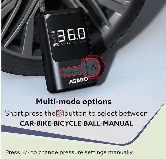 AGARO Galaxy Cordless Tyre inflator, for Cars & Bikes, Upto 150 PSI, 4000 mAh (2 * 2000) Batteries, Powerbank, LED Flash Light, Rechargeable Type C Port, Digital Display, Multiple Nozzles