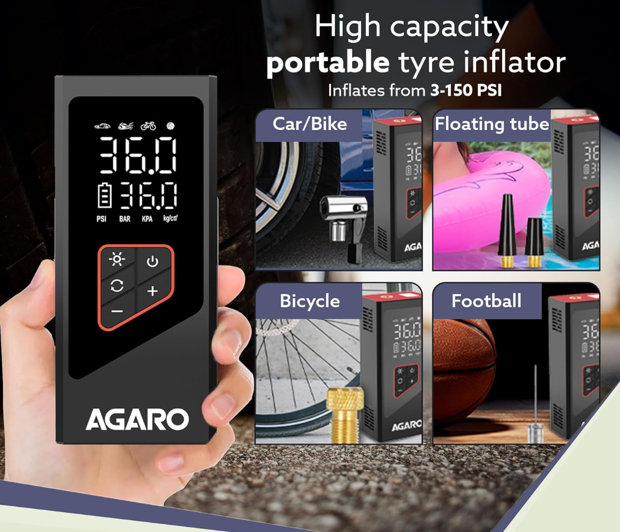AGARO Regency Cordless Tyre Inflator, Rechargeable, 6000 mAh (3 * 2000) Batteries, Up to 150 PSI Air Pump for Car, Bike, Foot Balls, Inflatables, Portable Air Compressor, Power Bank, Multipurpose Use