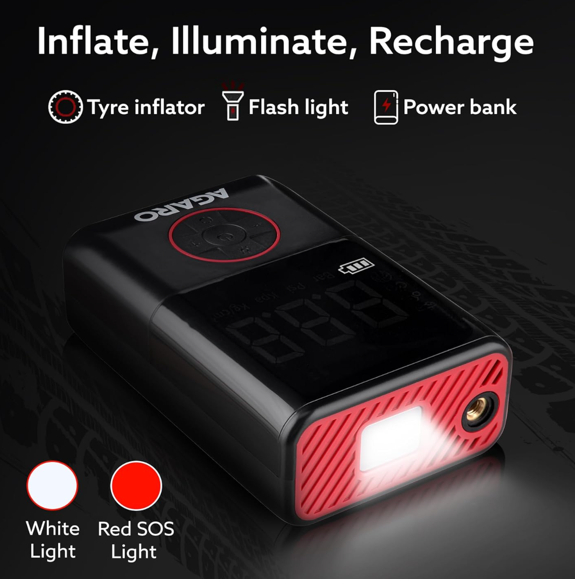 AGARO Regal New Portable Tyre Inflator for Cars & Bikes, 18L/min of Airflow, Upto 150 PSI, 4000 mAh (2 * 2000) Batteries, LED Flash Light, Rechargeable Type C Port, Digital Display, Multiple Nozzles