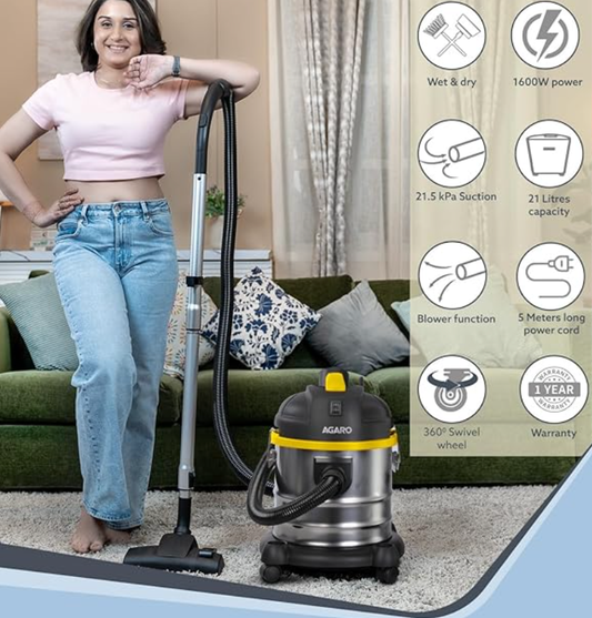 AGARO Ace 1600 Watts, 21.5 Kpa Suction Power, 21 litres, Wet&Dry, Stainless Steel HEPA Filter Vacuum Cleaner with Blower Function, Washable Dust Bag, Yellow/Steel, 1 Piece