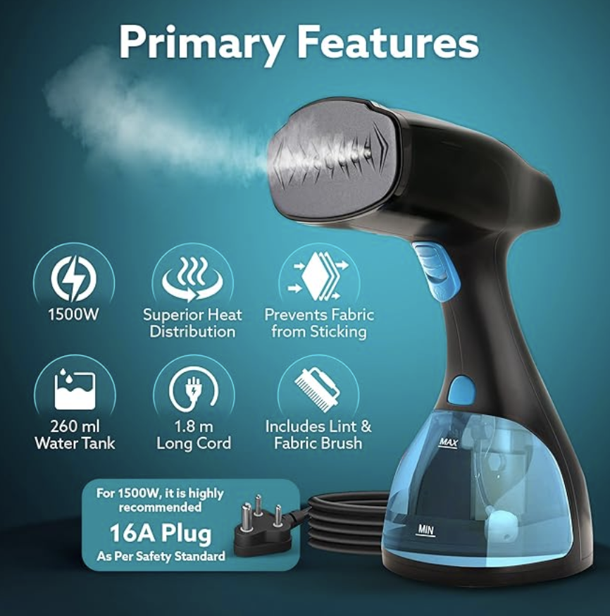AGARO Signify Handheld Garment Steamer, Wrinkle Remover, Iron, Fast Heat, Ceramic Steam Nozzle, 1500W, 260 ML Water Tank, Detachable Fabric Brush