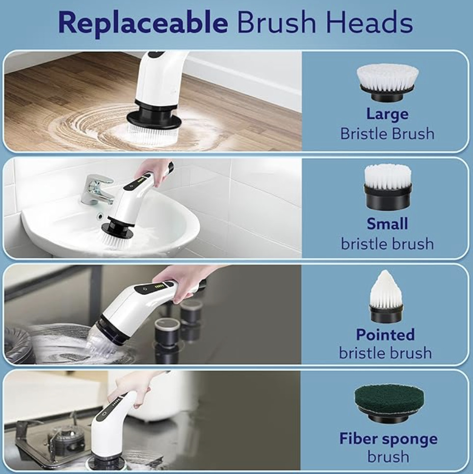 AGARO Royal Electric Spin Scrubber,Cleaning Brush Scrubber for Home, 350RPM/Mins-8 Replaceable Brush Heads-90Mins Work Time,3 Adjustable Size,2 Adjustable Speeds for Bathroom Shower Bathtub Glass Car