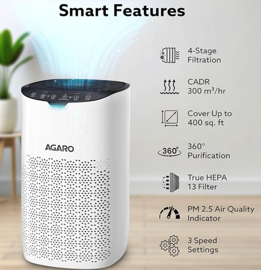 AGARO रॉयल एयर प्यूरीफायर घर और बेडरूम के लिए, ट्रू HEPA फ़िल्टर H13, 99.99% प्रदूषक, बैक्टीरिया, वायरस और PM 0.1 कण हटाता है, 4 चरणों में शुद्धिकरण, CADR 300 m³/hr