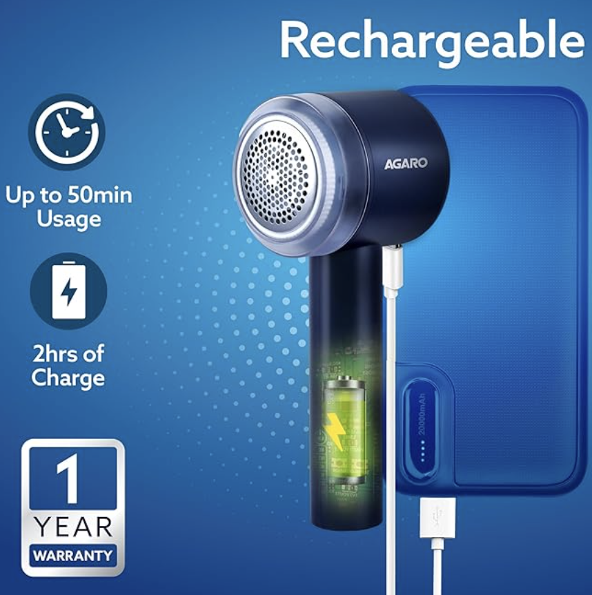 AGARO LR2409 Lint Remover, Electric Fabric Shaver, Rechargeable, Stainless Steel Blades, Portable, Multi-Functional Fuzz Remover from Woollen Sweaters, Coat, Blankets, Jackets, Carpets, Burr Remover