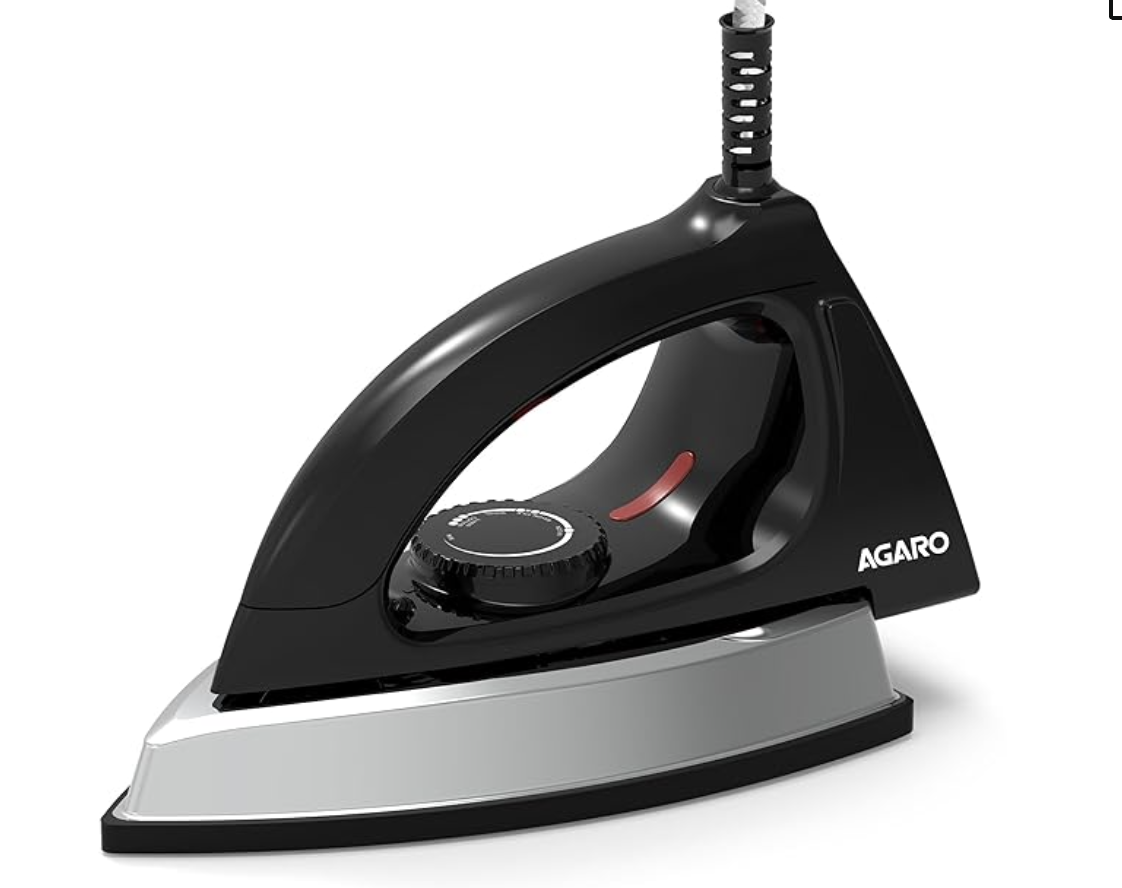 AGARO Regal Heavy Weight Electric Dry Iron, 1000W, Non- Stick Coated Heavy Sole Plate, Removes Wrinkle, Creases, Black