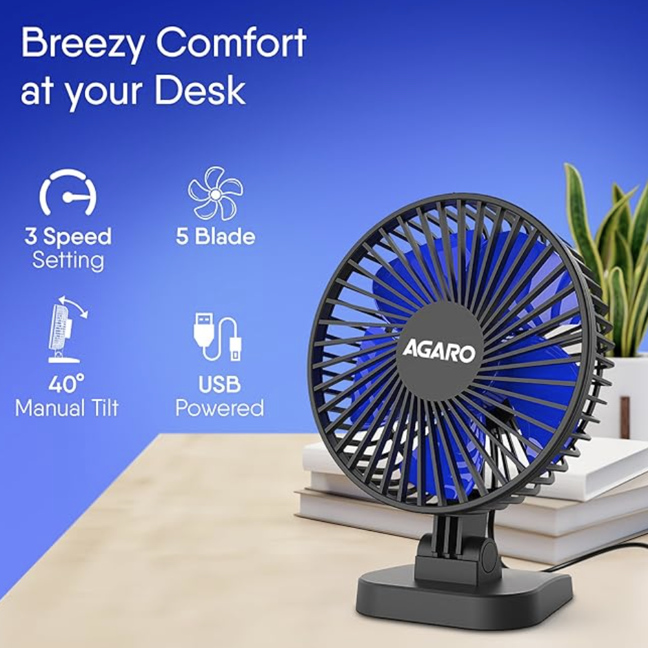 AGARO Breeze USB Desktop Fan, 4 Inch Quiet Desktop Fan, USB Plug in, 3 Speeds,Powerful Airflow, 40°Tilting, Ultra Quiet, Personal Mini Fan for Home Office Bedroom,Study, Black