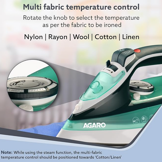 AGARO Galaxy Steam Iron, 2200 watts, Ceramic Coated Sole Plate, Fast Heating, 0.8 Gms/Min Of Steam Burst, 25G/Min Continuous Steam, Spray/Steam/Dry Function, 285Ml Water Tank, Sea Green