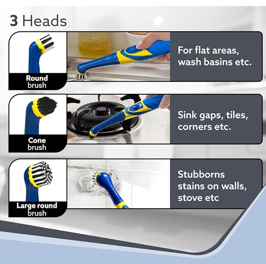 AGARO Regal Cleaning Brush for Household, Toilet, Kitchen, Bathroom Cleaning, HIGH Speed OSCILLATING Technology, Long Handle, 3 Heads for Scrubbing/Removing Stain, Dirt, Cordless, Blue & Yellow