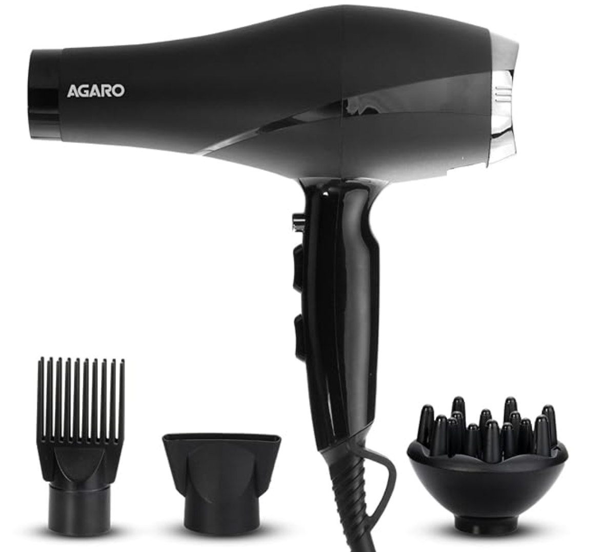 AGARO HD-1120 2000 Watts Professional Hair Dryer with AC Copper Motor, Concentrator, Diffuser, Comb, Hot & Cold Air, 2 Speed 3 Temperature Settings with Cool Shot, For both Men & Women, Black