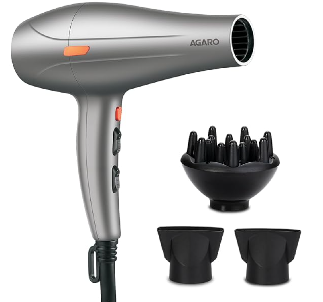AGARO HD-1124 2400 Watts Professional Hair Dryer with AC Motor, 2 Concentrator Nozzle, Diffuser, Hot and Cold Air, 2 Speed 3 Temperature Settings with Cool Shot for Both Men and Women, Silver