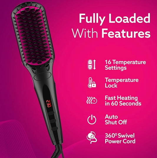 AGARO HSB2206 Hair Straightening Brush, 2-in-1 Hair Straightening and Combing, Ionic Technology, Anti-Scald Feature, Temperature Control and Auto Shut Off Function, Black