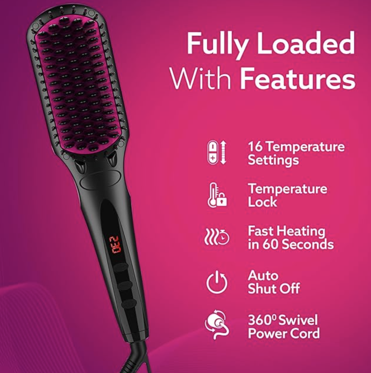 AGARO HSB2206 Hair Straightening Brush, 2-in-1 Hair Straightening and Combing, Ionic Technology, Anti-Scald Feature, Temperature Control and Auto Shut Off Function, Black