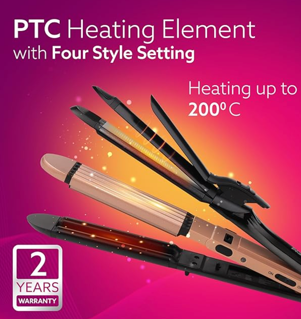 AGARO 4 in1 hair Straightener,Wavy Hair, Crimper, Curler, Hair Styler, Keratin Infused Ceramic Coated Plate, Variable Style Settings, Hair Styling, Black & Rose Gold, HS1719