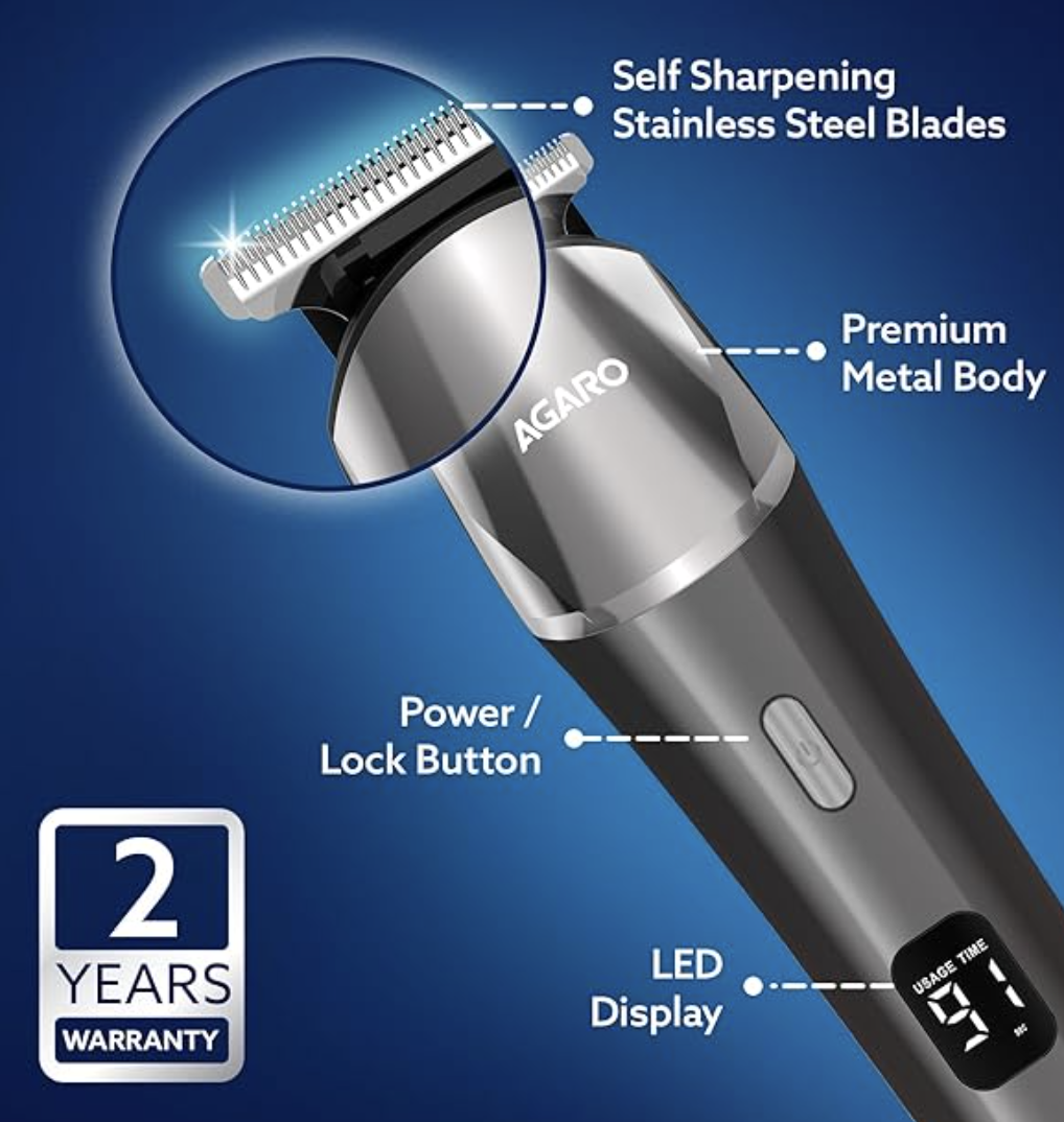 AGARO Royal Multi Grooming Kit For Men, 9in1, Shave| Trim | Style, Face Head Body Trimmer, Self Sharpening Stainless Steel Blade, 5 Combs, Metal Body, Type C Fast Charging, 120 Min Usage, IPX7, Silver