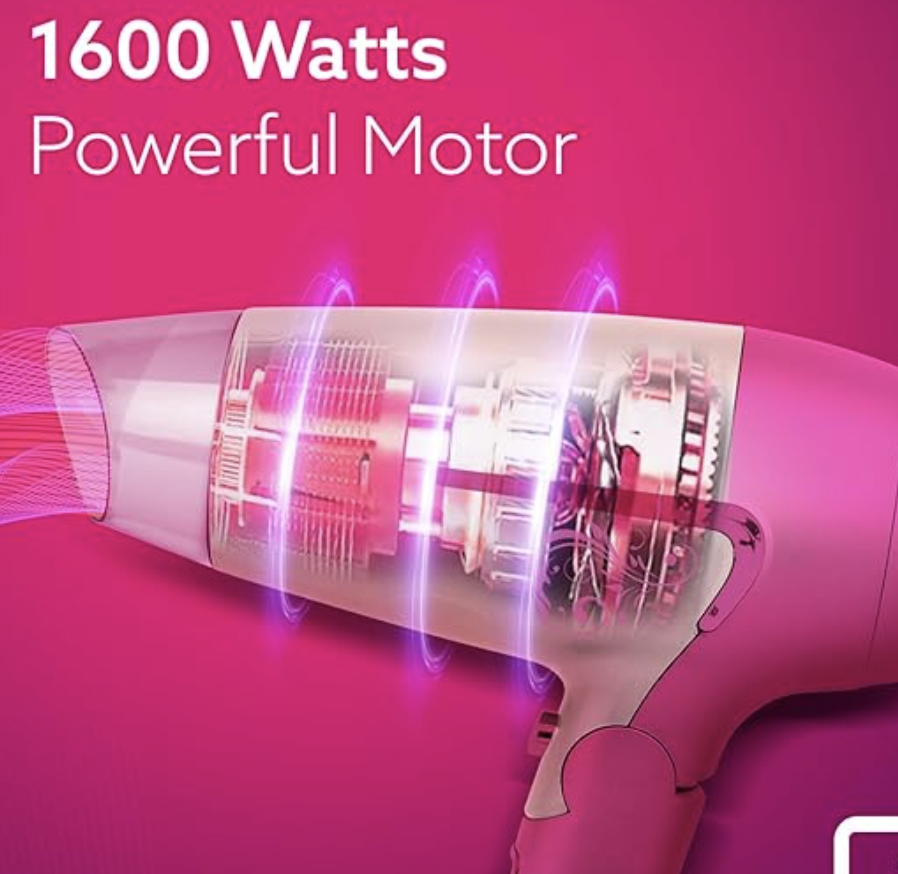 AGARO HD1179 Hair Dryer, 1600 Watts, 2 Speed & 3 Heat Settings, Cool Shot, Foldable Handle, for Men & Women, Pink