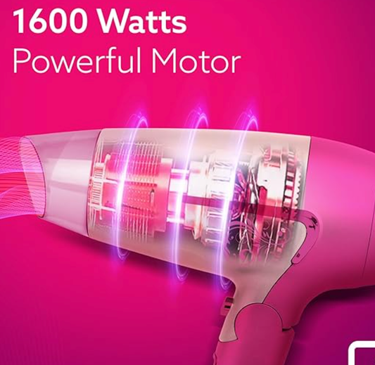 AGARO HD1179 Hair Dryer, 1600 Watts, 2 Speed & 3 Heat Settings, Cool Shot, Foldable Handle, for Men & Women, Pink