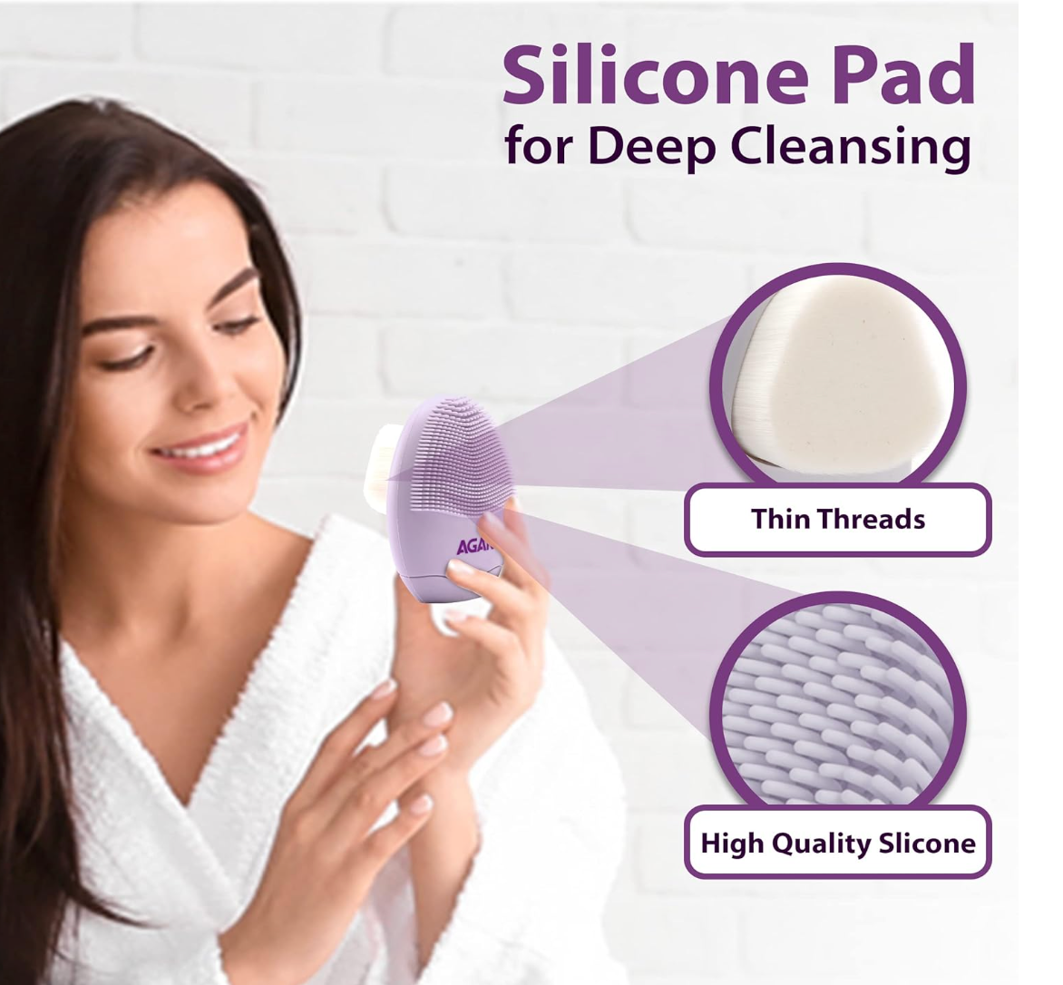 AGARO CB2105 Facial Cleansing Brush, 2-in-1 Soft Bristle & Silicone Facial Cleansing Brush for Exfoliation & Deep Pore Cleansing, Suitable for Sensitive, Delicate and Dry Skin, Purple