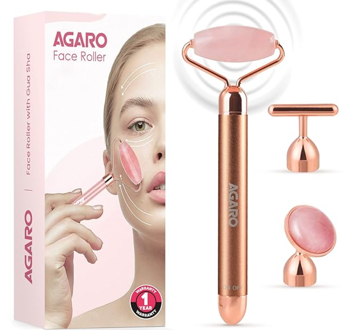 AGARO 3-In-1 Electric Rose Quartz Face Roller, Facial Roller Kit for Face, Eye, Neck, Jade Roller, Anti-Aging Facial Massager for Anti-Wrinkles, Skin Firming and Lifting, (Rose Gold)